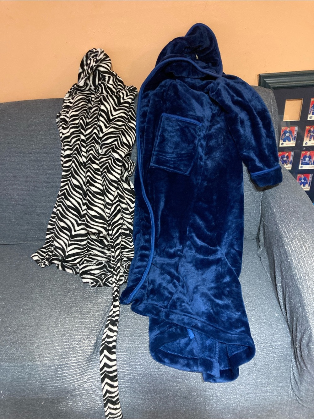 River Island Navy Plush Hooded Robe with Black & White Zebra Wrap